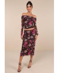 Lulus - Unforgettably Sweet Floral Print Mesh High-Rise Midi Skirt - Lyst