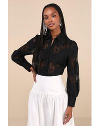 Lulus - Sheer Excitement Sheer Lace Long Sleeve Button-Up Top - Lyst
