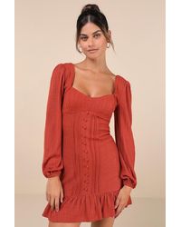 Lulus - Coveted Sweetness Rust Pointelle Knit Long Sleeve Mini Dress - Lyst