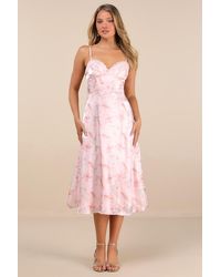 Lulus - Selini Floral Satin Bustier Backless Midi Dress - Lyst