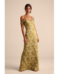 Lulus - Cavani Chartreuse Floral Satin Asymmetrical Maxi Dress - Lyst