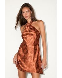 Lulus - Got The Key Rust Satin Floral Jacquard Halter Mini Dress - Lyst