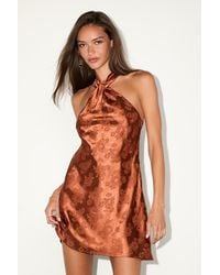 Lulus - Got The Key Rust Satin Floral Jacquard Halter Mini Dress - Lyst