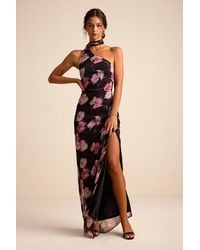 Lulus - Leighna Plum And Floral One-Shoulder Scarf Maxi Dress - Lyst