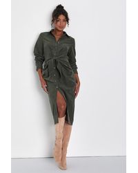 Lulus - Autumnal Views Suede Button-Up Tie-Front Midi Dress - Lyst