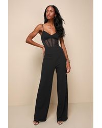 Lulus - Sultry Strut Mesh Bustier Sleeveless Wide-Leg Jumpsuit - Lyst