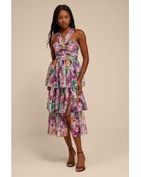 Lulus - Dayanara Multi Floral Organza Tiered Midi Dress - Lyst
