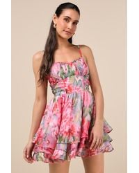 Lulus - Evonne Abstract Floral Tiered Mini Skater Dress - Lyst