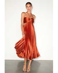 Lulus - Aerin Rust Satin Pleated Cutout Midi Dress - Lyst
