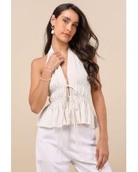 Lulus - Adelita Cream Tie-Front Halter Peplum Top - Lyst
