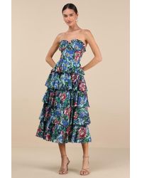 Lulus - Nayha Multi Floral Strapless Tiered Midi Dress - Lyst