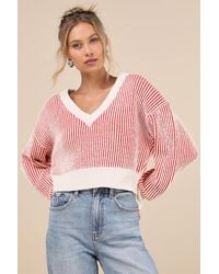 Lulus - Attractively Cozy Striped V-Neck Pullover Sweater - Lyst