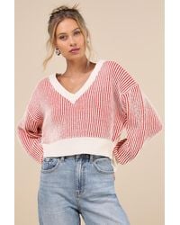 Lulus - Attractively Cozy Striped V-Neck Pullover Sweater - Lyst