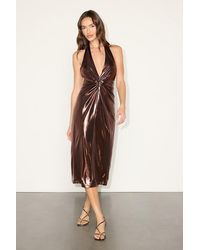 Lulus - Lionette Dark Bronze Metallic Twist-Front Midi Dress - Lyst