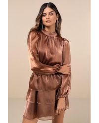 Lulus - Ideal Behavior Bronze Metallic Backless Tiered Mini Dress - Lyst