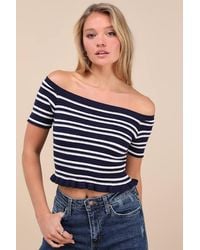 Lulus - Erela And Ivory Striped Off-The-Shoulder Sweater Top - Lyst