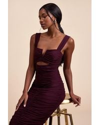 Lulus - Aelara Dark Plum Mesh Ruched Trumpet Midi Dress - Lyst
