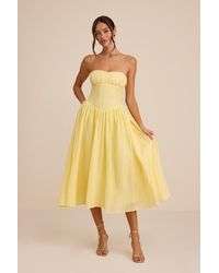 Lulus - Aspen Pale Plisse Strapless Bustier Midi Dress - Lyst