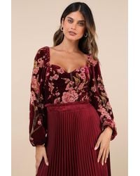 Lulus - Luxe Romance Velvet Floral Burnout Long Sleeve Bodysuit - Lyst