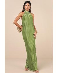 Lulus - Gwenny Lime Satin Plisse Maxi Dress - Lyst