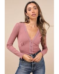 Lulus - Perfectly Cherished Knit Lace Long Sleeve Button-Front Top - Lyst