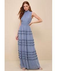 Lulus - Enchantingly Sweet Slate Chiffon Backless Maxi Dress - Lyst