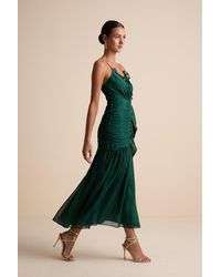 Lulus - Stunning Soiree Emerald Lurex Ruched Midi Dress - Lyst