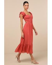 Lulus - Mio Rusty Rose Pleated Tie-Back Midi Dress - Lyst