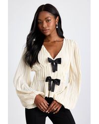 Lulus - Yvetta Cream Plisse Balloon Sleeve Bow Top - Lyst