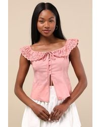 Lulus - Alesana Eyelet Embroidered Button-Front Top - Lyst