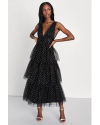 Lulus - Decadent Impression Tulle Tiered Shiny Dot Midi Dress - Lyst