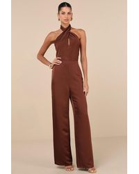 Lulus - Beyond Classy Satin Halter Wide-Leg Jumpsuit - Lyst