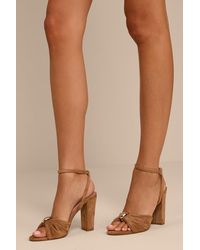 Lulus - Amarina Camel Suede Ankle Strap High Heel Sandals - Lyst
