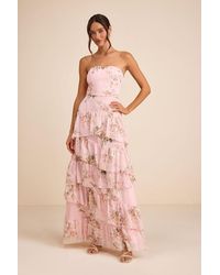 Lulus - Niyati Blush Floral Strapless Tiered Maxi Dress - Lyst