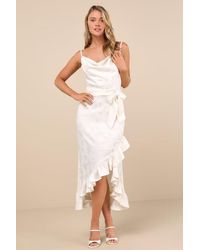 Lulus - Modern Passion Floral Satin Jacquard Ruffled Midi Dress - Lyst