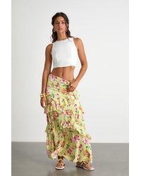 Lulus - Revina Lime Floral Ruffled High-Rise Maxi Skirt - Lyst