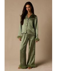 Lulus - Dreamiest Delight Sage Satin Feather Two-Piece Pajama Set - Lyst