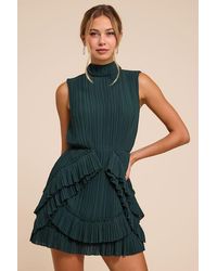 Lulus - Alvana Emerald Plisse Mock Neck Ruffled Mini Dress - Lyst