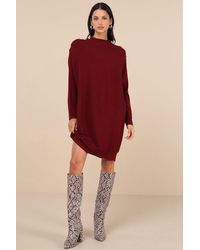 Lulus - Cozy Stroll Wine Mock Neck Button Mini Sweater Dress - Lyst