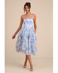 Lulus - Eulalia Floral Lace-Up Strapless Bustier Midi Dress - Lyst