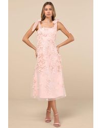 Lulus - Effortlessly Sweet Blush Tulle 3D Floral Tie-Strap Midi Dress - Lyst