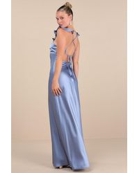 Lulus - Exuberant Luxury Periwinkle Satin Ruffled Lace-Up Maxi Dress - Lyst