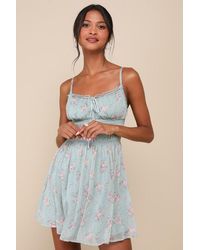 Lulus - Flirty Dreamer Sage Floral Bustier Lace Ribbon Mini Dress - Lyst
