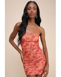 Lulus - Mesmerizing Flirt Floral Mesh Strapless Ruched Mini Dress - Lyst