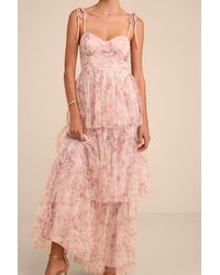 Lulus - Blissfully Gorgeous Blush Floral Tie-Strap Bustier Maxi Dress - Lyst