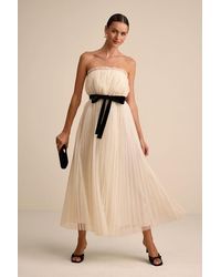 Lulus - Ferreira Cream Tulle Pleated Bow Strapless Midi Dress - Lyst