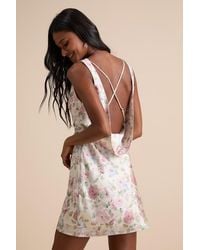 Lulus - Coralise Cream Floral Satin Cowl Back Mini Dress - Lyst