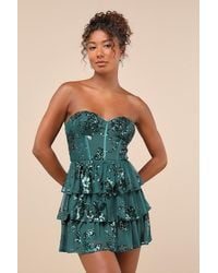 Lulus - Definite Glamour Emerald Mesh Sequin Bustier Tiered Mini Dress - Lyst