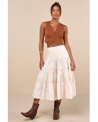 Lulus - Darling Flourish Cream Tiered High-Rise Midi Skirt - Lyst