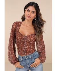 Lulus - Feeling So Cute Floral Mesh Balloon Sleeve Crop Top - Lyst